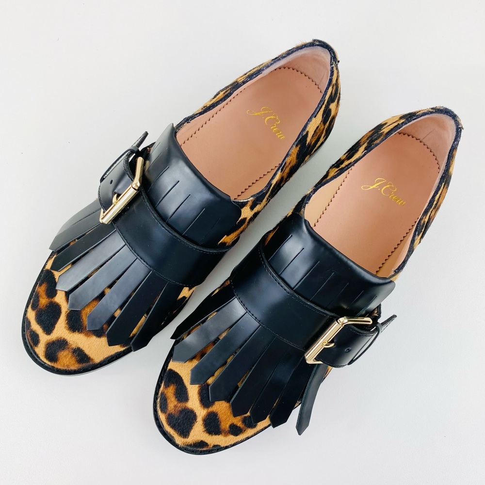 J Crew Kiltie Niko Haircalf Leopard Monk Loafers